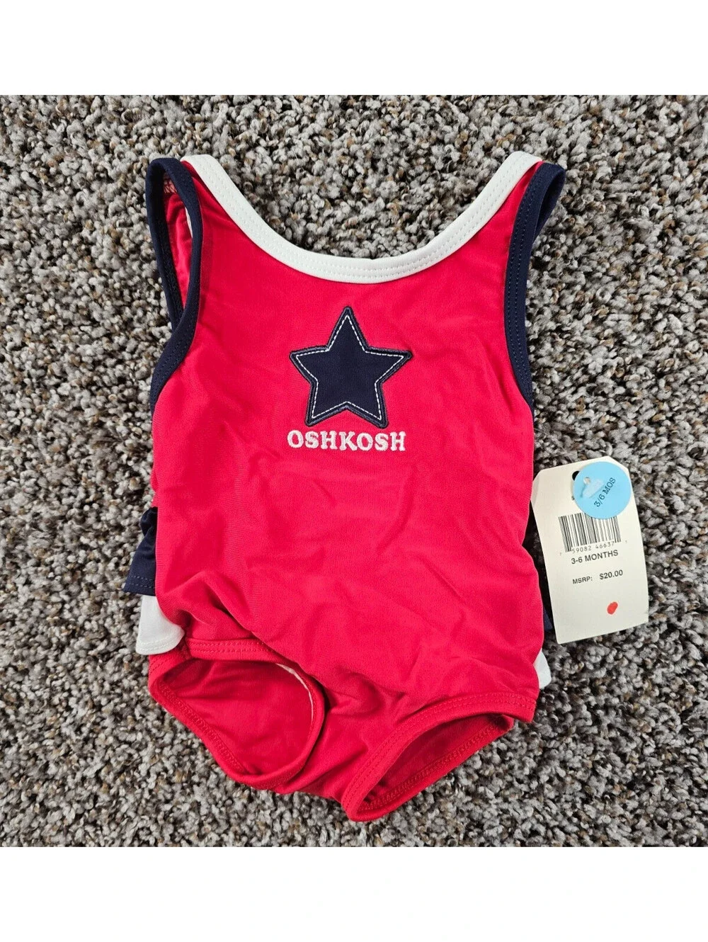 Vintage Oshkosh Baby Girls Sz 3-6M One Piece Swimsuit Red Blue Star Print NEW